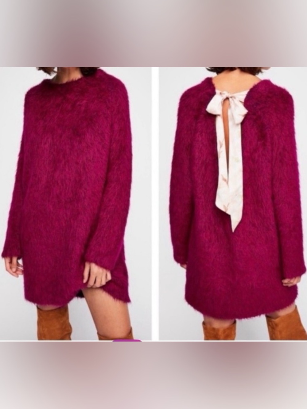 Free People Bon Bon Sweater Dress Women SP Purple Magenta Fuzzy Alpaca Bow Mini